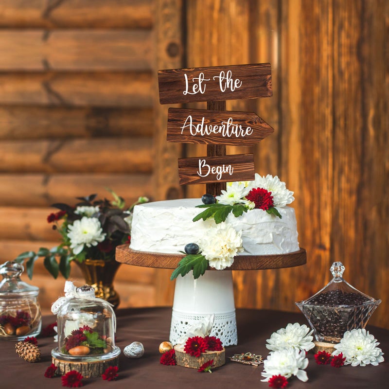 Party to Be Let the Adventure Begin Cake Topper in Wood Rustic Cake Decoration for Wedding & Baby Shower - Image 3